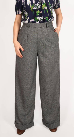 Grey High Waisted Wide Leg Herringbone Wool Trousers - 1930s & 40s style | Weekend Doll