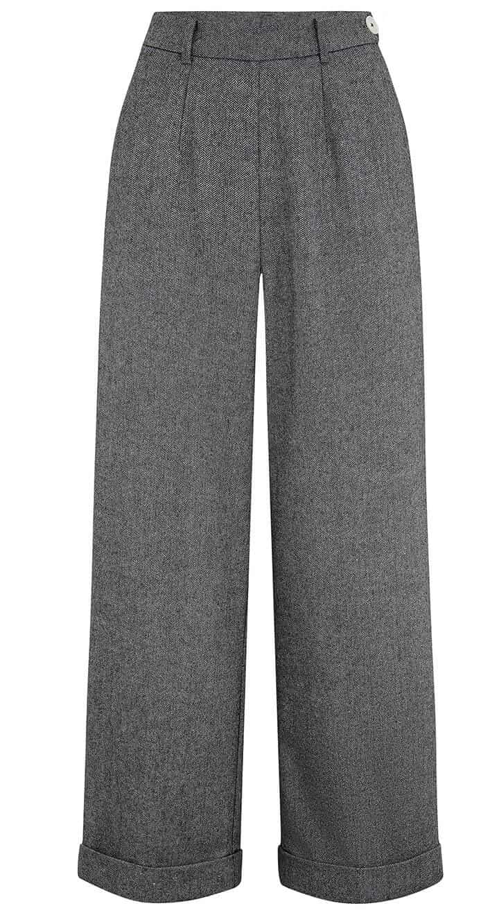 Grey High Waisted Wide Leg Herringbone Wool Trousers - 1930s & 40s style | Weekend Doll