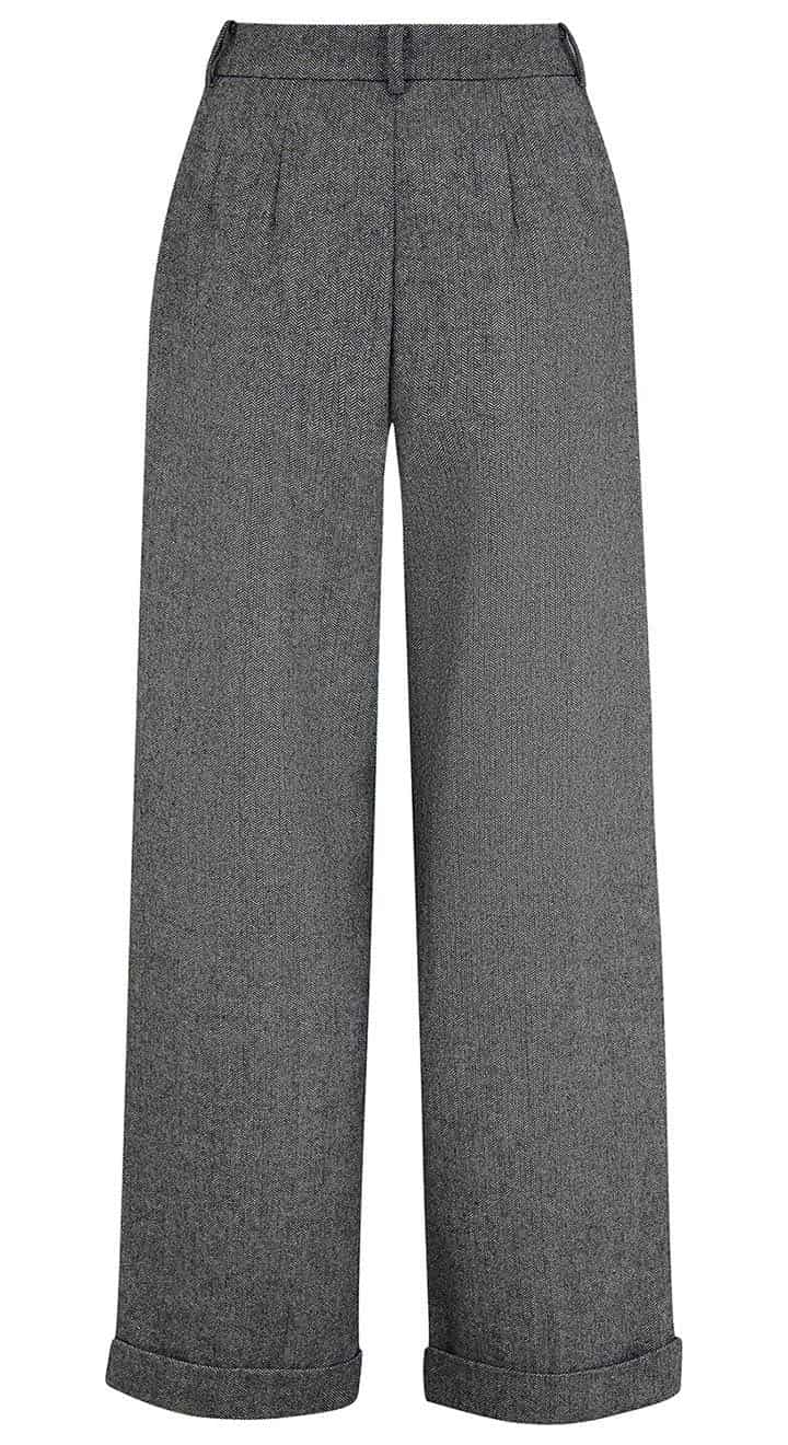 Grey High Waisted Wide Leg Herringbone Wool Trousers - 1930s & 40s style | Weekend Doll