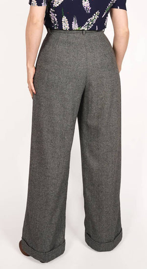 Grey High Waisted Wide Leg Herringbone Wool Trousers - 1930s & 40s style | Weekend Doll