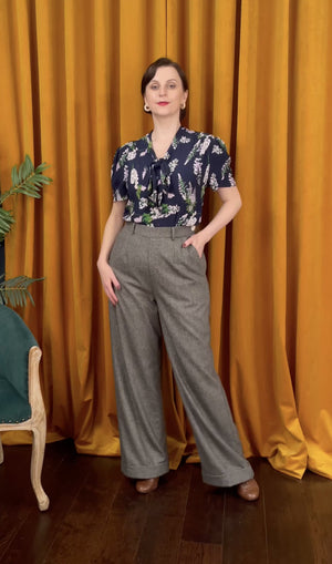 Grey High Waisted Wide Leg Herringbone Wool Trousers - 1930s & 40s style | Weekend Doll