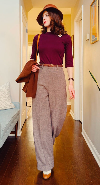 Brown High Waisted Wide Leg Herringbone Wool Trousers - 1930s & 40s style | Weekend Doll