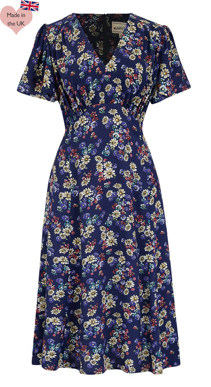 Vintage Inspired Navy Floral Knee Length Tea Dress | 1930s & 1940s ...