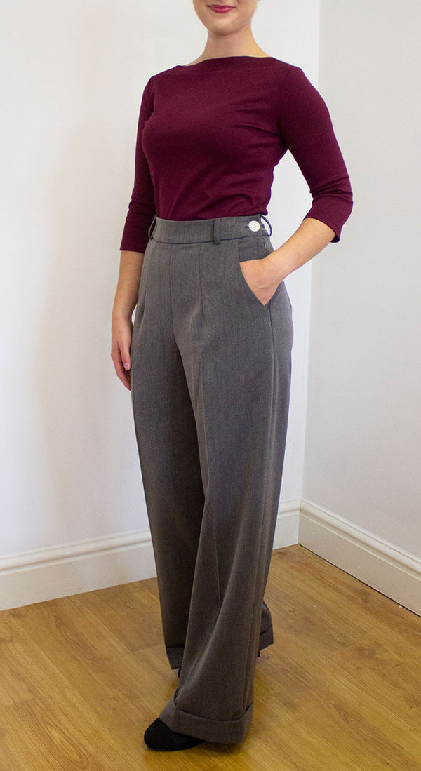 Grey High Waisted Wide Leg Trousers - 1930s & 40s style