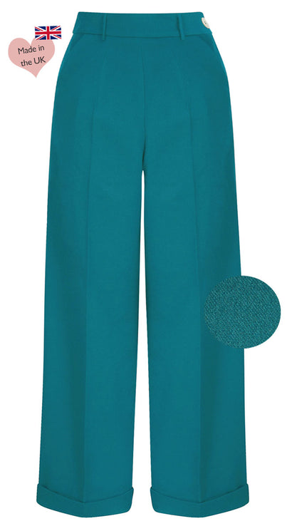 Vintage Inspired High Waisted Wide Leg Trousers in Bottle Green