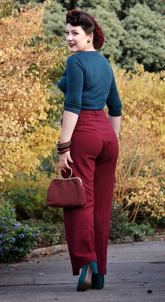 Burgundy Crepe High Waisted Wide Leg Trousers - 1940s Katherine Hepburn style | Weekend Doll