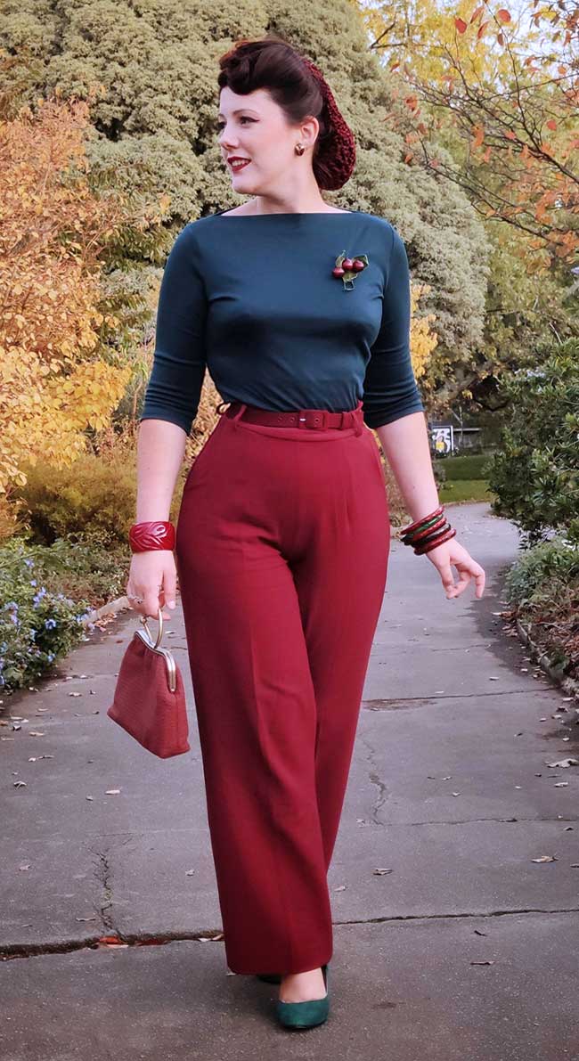 Unique Vintage Retro Style Red High Waist Wide Leg Pants
