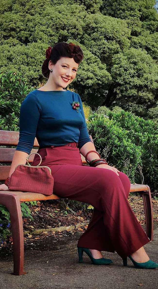 Burgundy Crepe High Waisted Wide Leg Trousers - 1940s Katherine Hepburn style | Weekend Doll