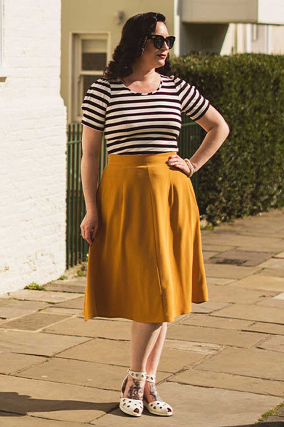 1940s Style Knee length Swing Skirt in Mustard Weekend Doll